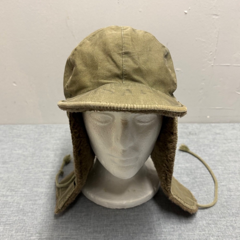 Vintage US Military Cap Field Pile Men M Olive Drab 1950s Ear Flap Cold Weather